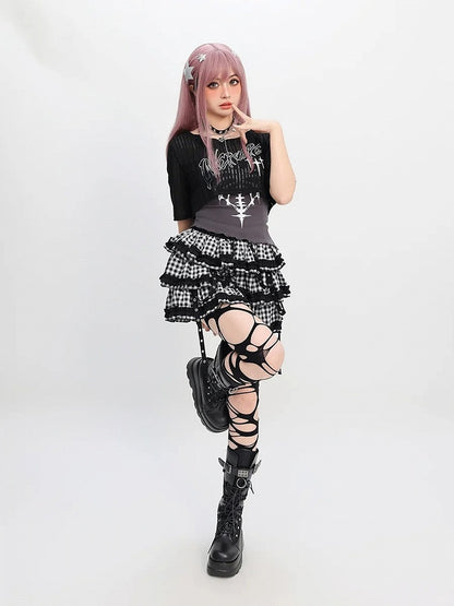Tiered Skirt Y2K Red  Black/Black  White Plaid Strap Details