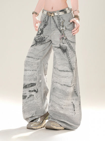 Gray Low Rise Chains Print Distressed Wide-Leg Jeans