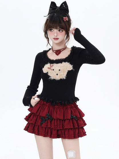 White/Grey/Black Plush Puppy Applique Lace Trim Knit Top