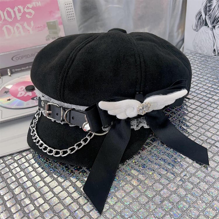 Angel Wings Rhinestoned Bowknot Jirai Kei Hat