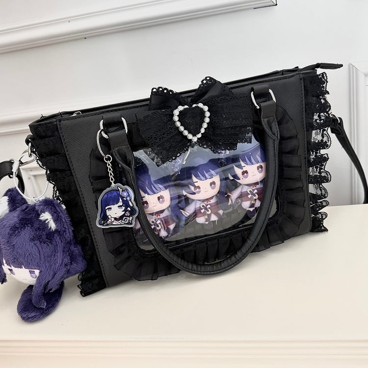 Ita Trim with Jirai Decorated Bowknot Free Holder Lace Beaded Card Bag Heart Kei PVC Black