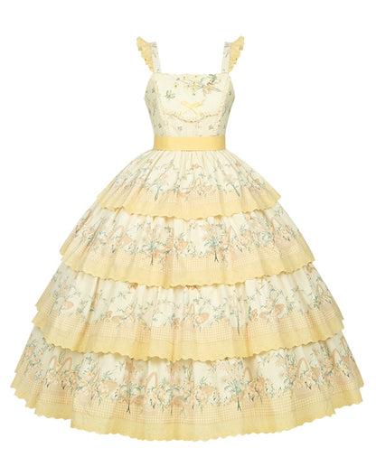 Lily Cherry – Gestuftes Blumenkleid, Lolita-Rock, Pullover, Gelb und klassischer Aufdruck