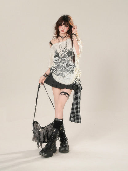 Asymmetrical Hem Glamorous Dark Gray Plaid Patchwork Design Pleated Skirt