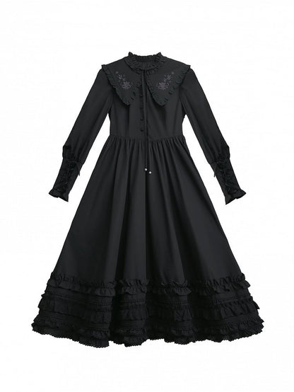 Blumenkragen, Vintage-Manschetten, Kleid mit Schnürärmeln, Hammelkeule mit schwarzer Stickerei