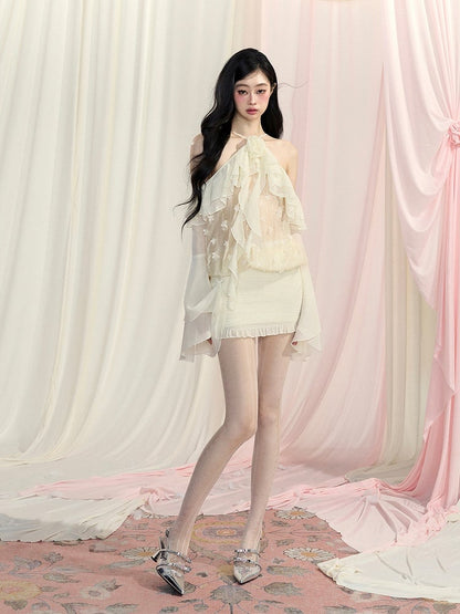 Cascading Ruffle Accents Mesh Top Sleeves Apricot Halter Neck Bell