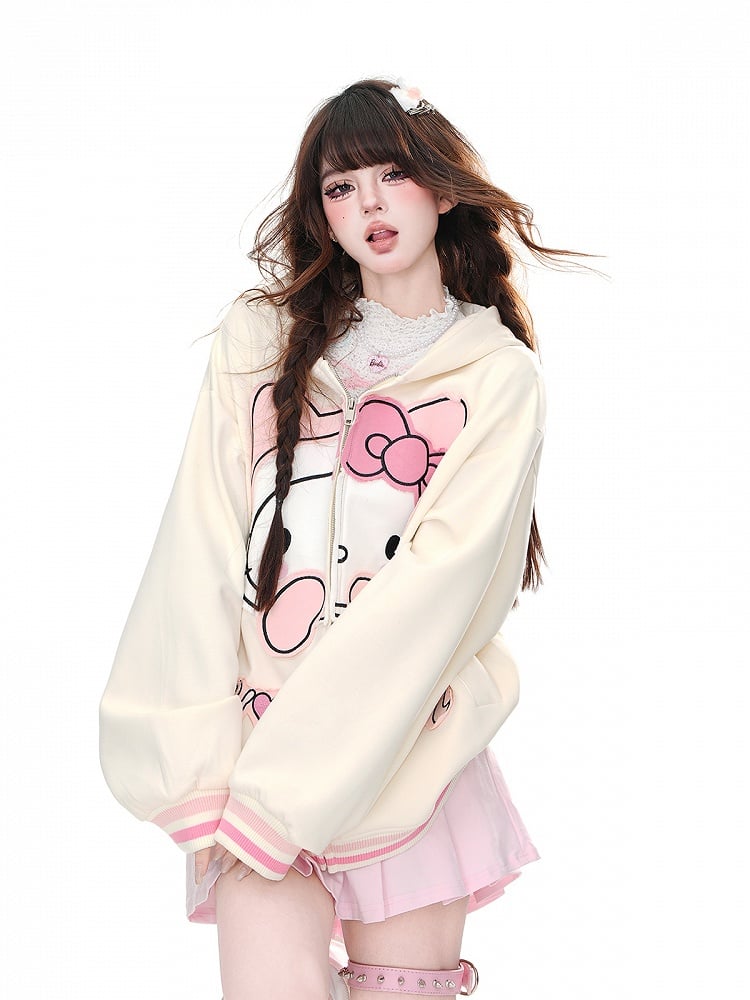 Apricot/Black Kitty Embroidery Oversized Zip Closure Hoodie