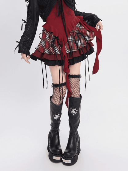 Plaid Tiered Skirt and Red Black Black and White Bowknots Decoration Y2K /