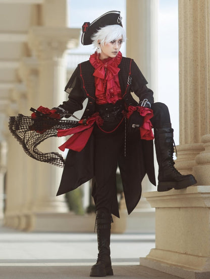 Red Ruffled High Neck Ouji Lolita Long Sleeves Shirt with Jabot Tie