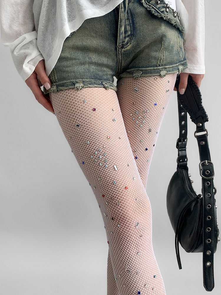Fishnet White/Brown Rhinestone Tights Decorated
