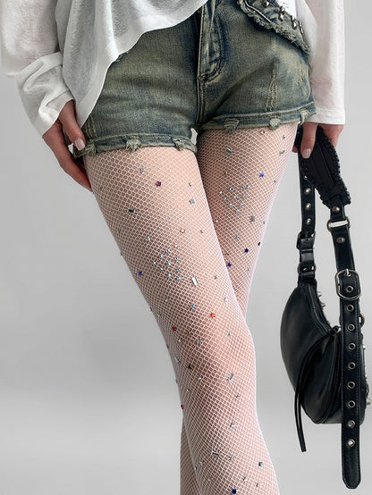 Fishnet White/Brown Rhinestone Tights Decorated