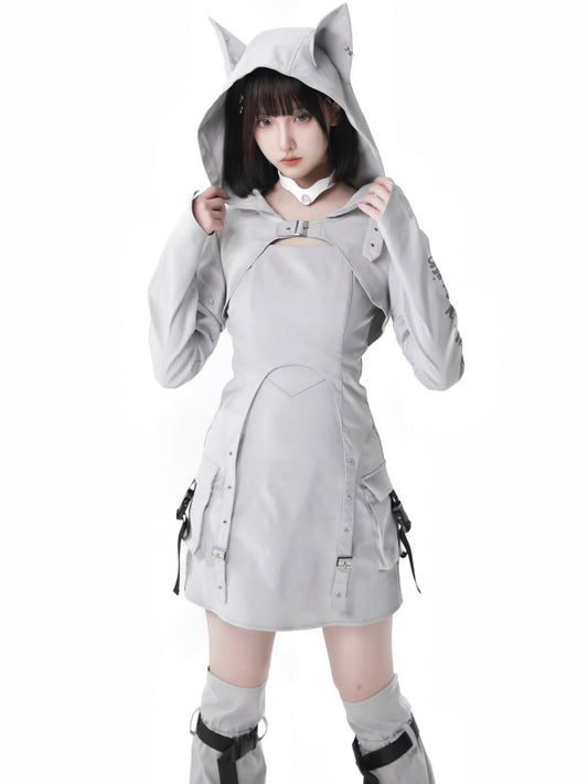 Light Gray Wolf Ears Hooded Futuristic Cropped Top