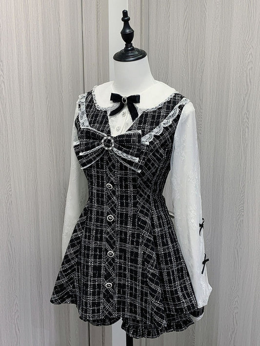 Mini Dress with Shorts Bow Set Detachable Big Jirai Kei Black  White Tweed Peter Pan Collar