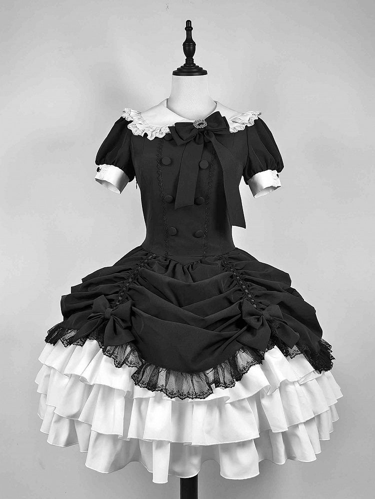 und asymmetrisches Kleid Schwarz Lolita Peter Pan Weißer Rock Stufen Gothic Ärmel Kragen Kurz