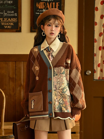 Bunny Daisies Embroidery Cardigan Brown and