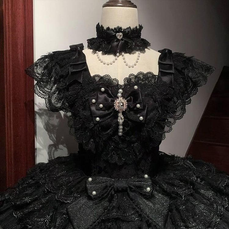 Butterfly Hanayome Skirt Tiered Dress Hime Bodice Lolita Fabric All Black