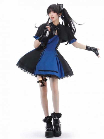 Black and Dark Blue Punk Idol Lolita Dress Lolita Cropped Top Set