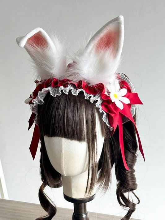 Pink Ears and Red/Pink/Black Rabbit Daisy with Hairband Decoration Lolita Lace