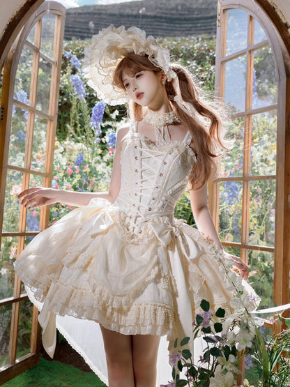 + Top Set Creamy Elegant Balletcore Skirt Lolita High-low Overlay Corset - Boned