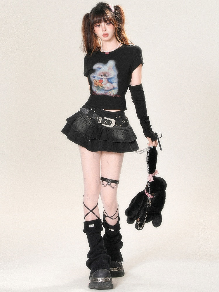 White/Black/Blue Glamorous And Print Sleeves Bunny With T-shirt Letter