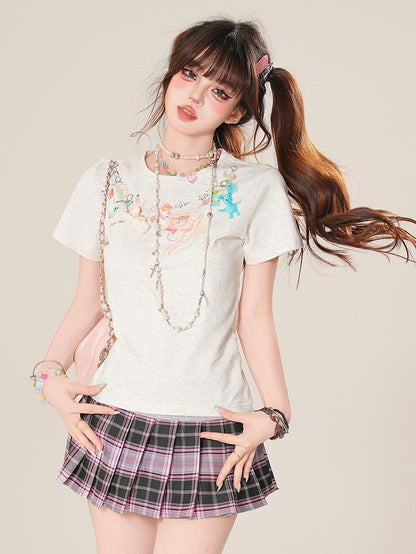 Cartoon T-shirt Print Glamorous Charm Chain Gray