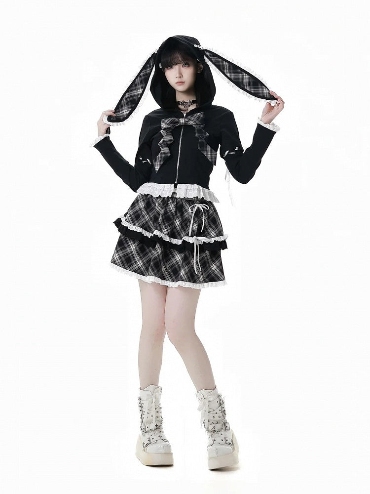 Lace-up Lace Trim Bunny Ears White/Black Design Hood Zip Closure Hoodie Sleeves Detachable