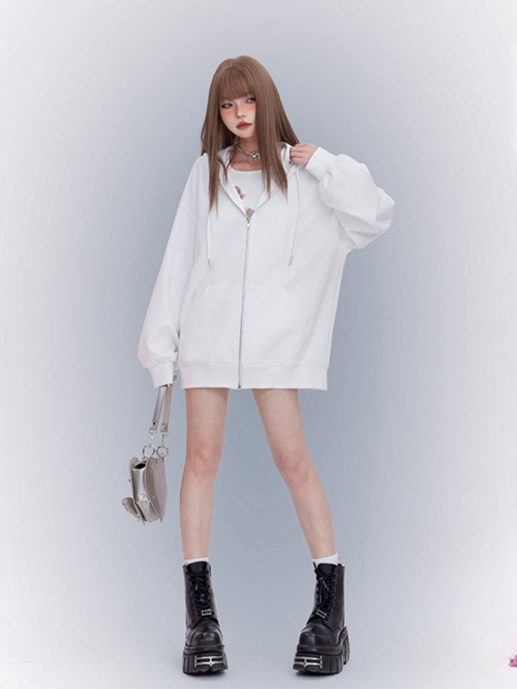 Sports Hoodie White Zip Closure Loose