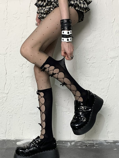 Black Pattern Polka-dot Tights Y2K