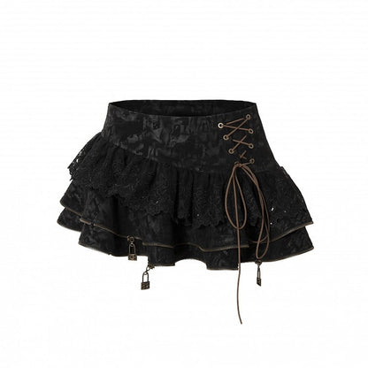 Black Lace-up Details Lace Trim Tiered Skirt