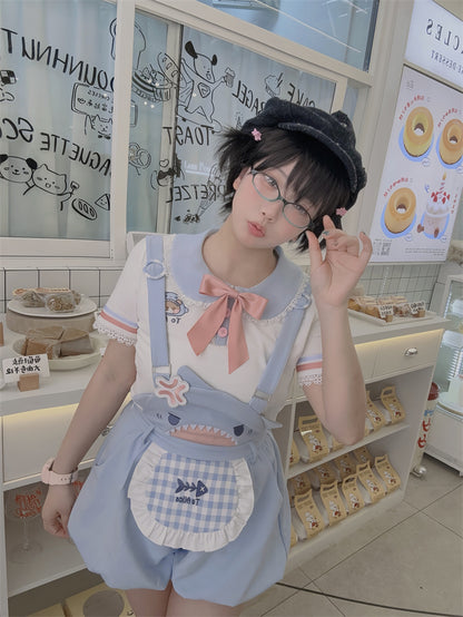 T-Shirt Bow Trim Blue  White Peter Pan Collar Embellished Lace