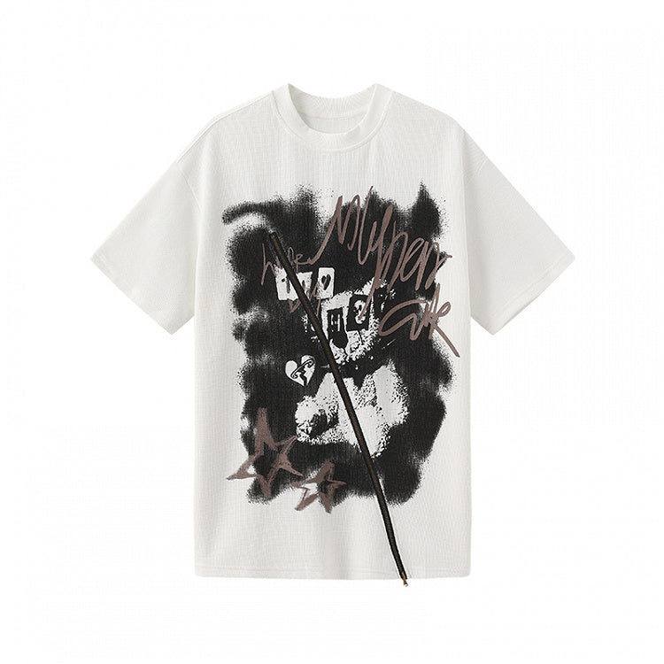 White Round Neck Printed Loose T-Shirt with Zipper Detail