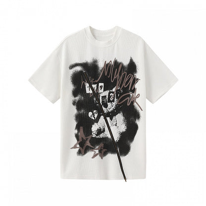White Round Neck Printed Loose T-Shirt with Zipper Detail