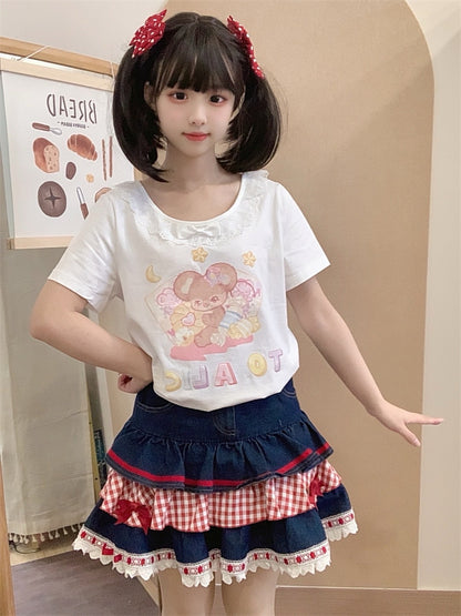 Short Version Adorable Mouse Print White/Pink Lace Trim T-Shirt