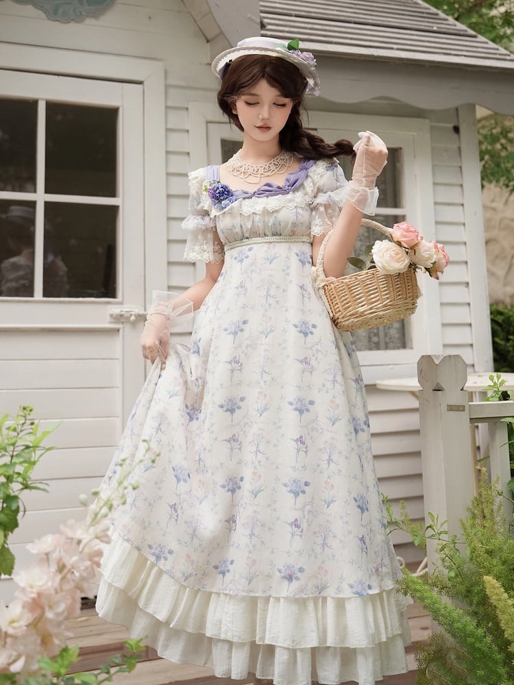 Set Dress Neckline Iris Lolita Floral Elegant Empire Print Square Waist OP Full