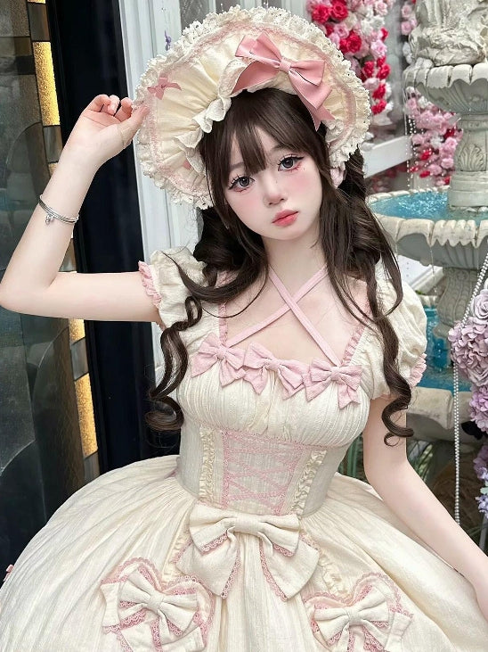 School Old Pink Trim Bonnet Lace Lolita Yellow With Bowknot Details
