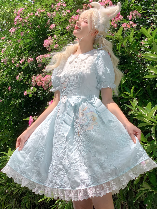Embroidery Blue Puff Sleeves Dress in Wonderland Vibes Bunny Alice