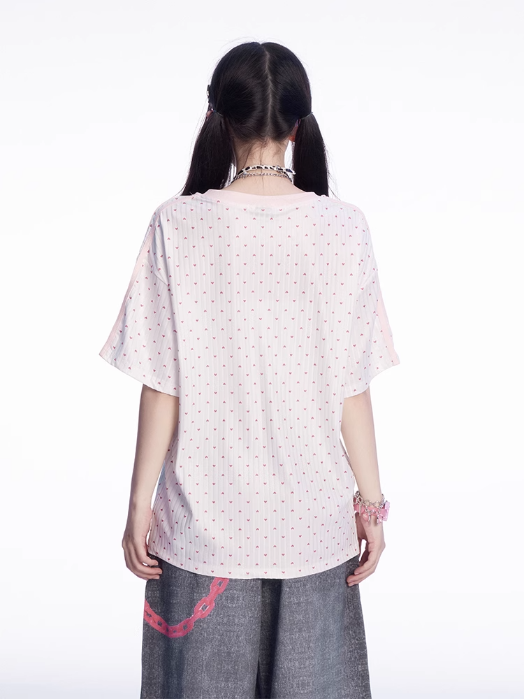 Dot White V-neck Number and Star Print Polka T-shirt