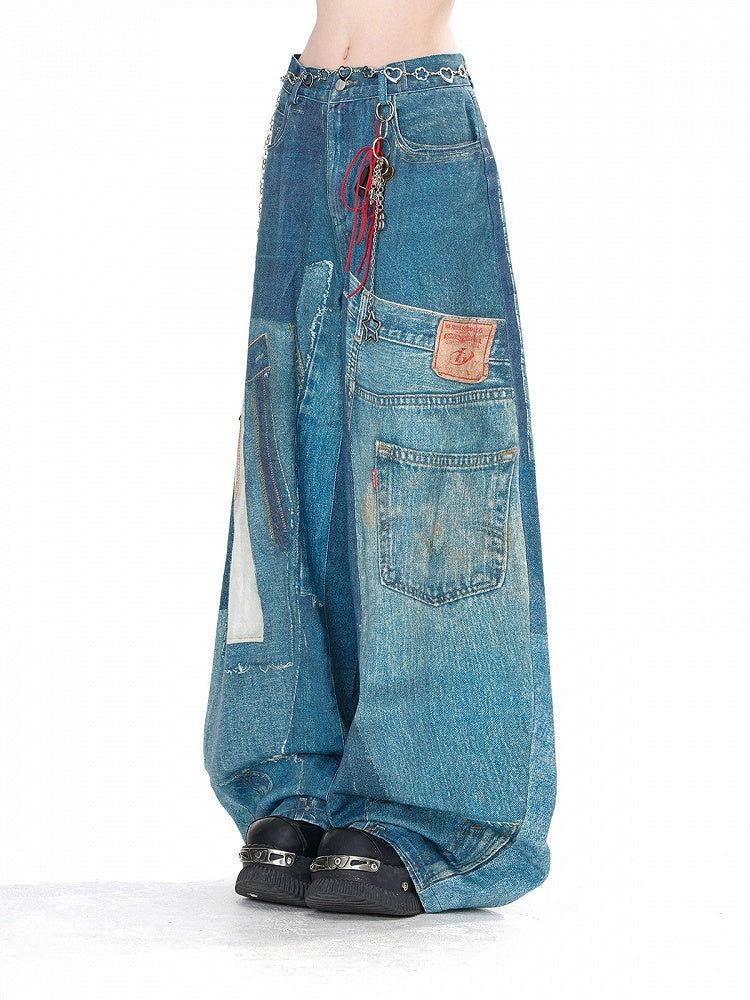 Wash Faded Pockets Wide-Leg Cut Jeans Denim Blue