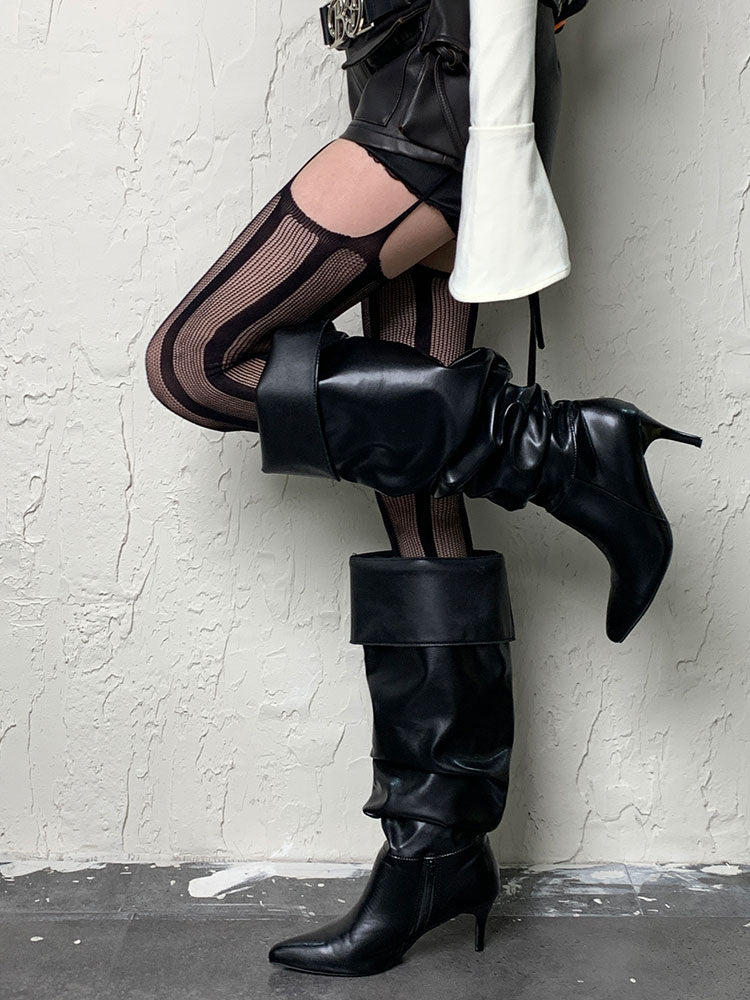 Punk Black Striped Cut-out Suspender Tights