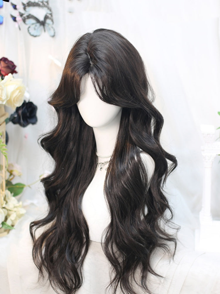Black Tea Under Bust Length Wavy Wig with Curtain Bangs
