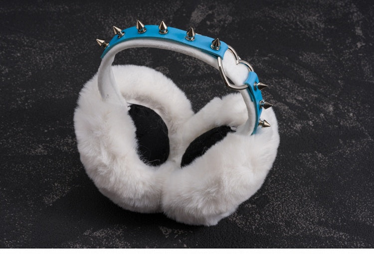 White Handmade Heart Ring Studded Plush Earmuffs