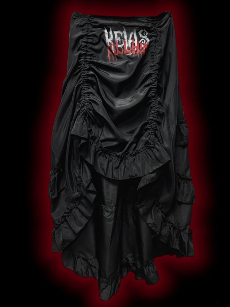 Gothic Black Letters Print Ruched High-low Punk Skirt with Free Cross Charms Waist Chain