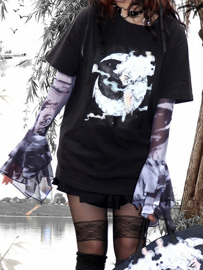 Print T-shirt Black Short Gyaru Cartoon Fashion Sleeves