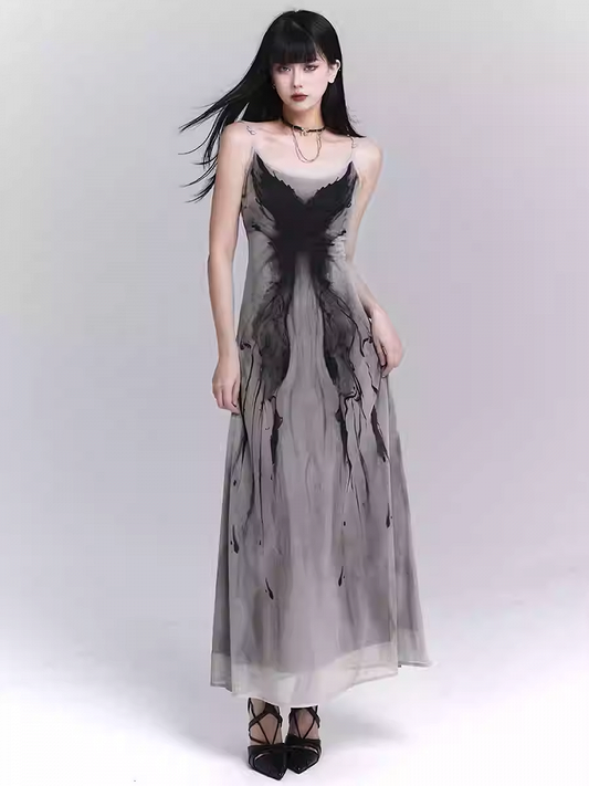 Robe moulante gothique grise à motif papillon