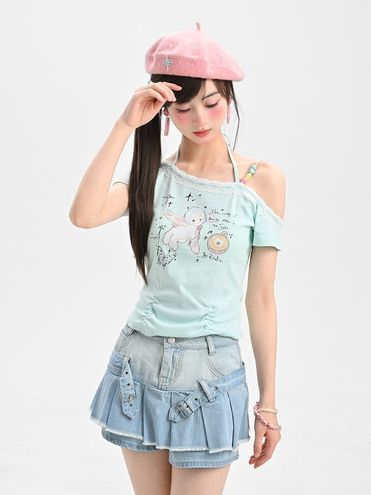 Y2K Entzückendes T-Shirt mit Lamm-Print und asymmetrischem Ausschnitt in Mintgrün