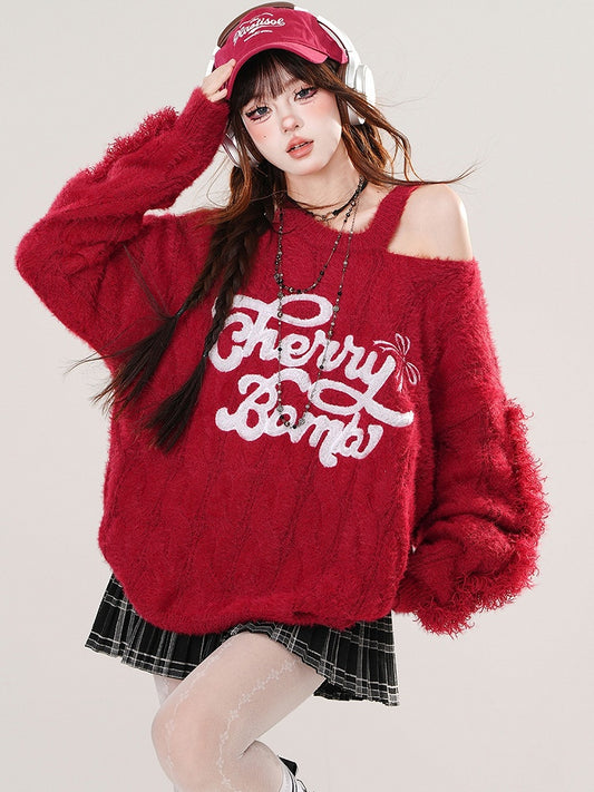 Red Letters Embroidery Cutout Shoulder Loose Sweater