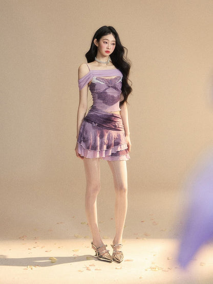 Neckline Butterfly Embroidery Top/Butterfly Accents Applique Glamorous Tiered Skirt Lavender Off-the-shoulder