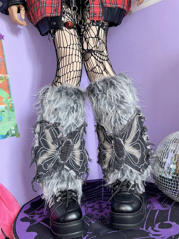 Grey Y2K Butterfly Applique 40CM Shaggy Leg Warmers