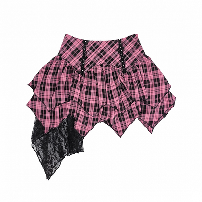 Waist Pink Plaid Handkerchief Hem Tiered Skirt High and Black