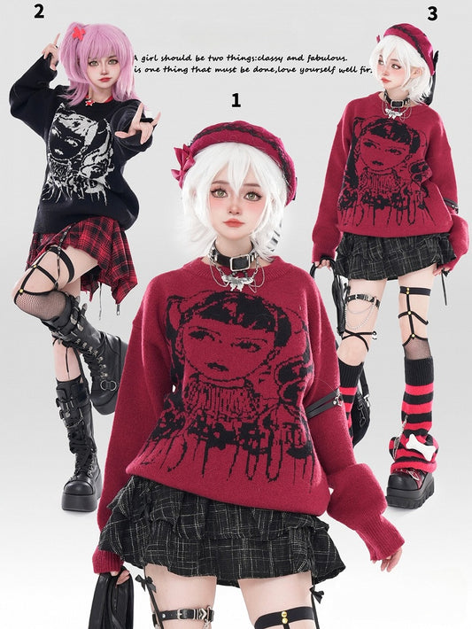 Wine Red/Black Y2K Girl Pattern Sweater with Free Choker