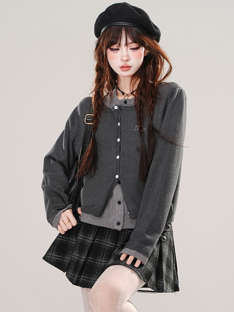 Blue/Dark Grey Fake Two-piece Design Cardigan